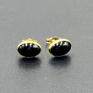 Designer Hallmarked 14K Yellow Gold Black Onyx Stud Earrings 7.5mm x 5mm Oval